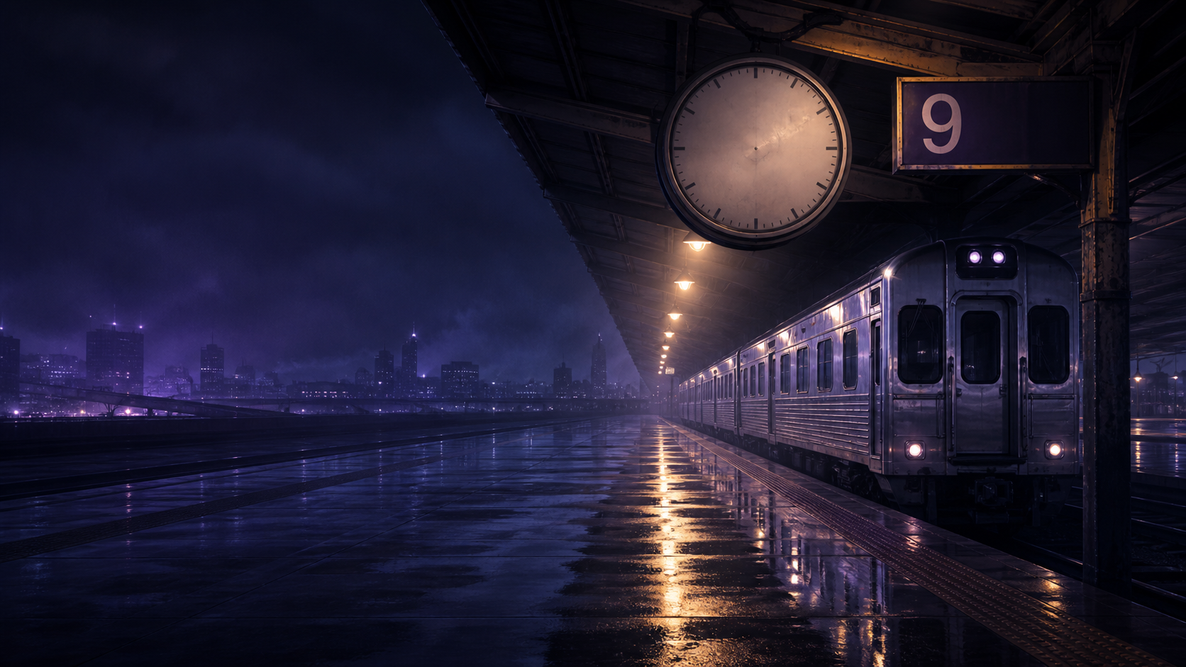 A silver train waiting at the midnight platform