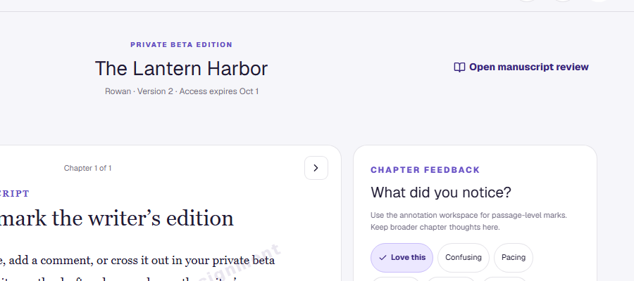 Open the assignment from your beta workspace and continue to its manuscript.