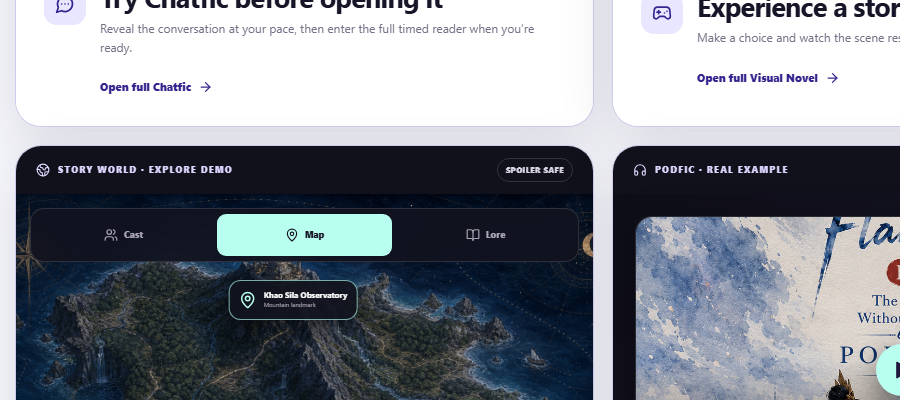 Open a Chatfic from its story page, or try Open full Chatfic on the home page. Follow the conversation and use the episode controls to move through the story.