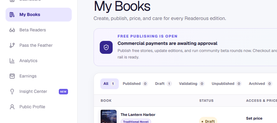 Open Beta Readers in the writer workspace. Choose the work or edition you want help with.